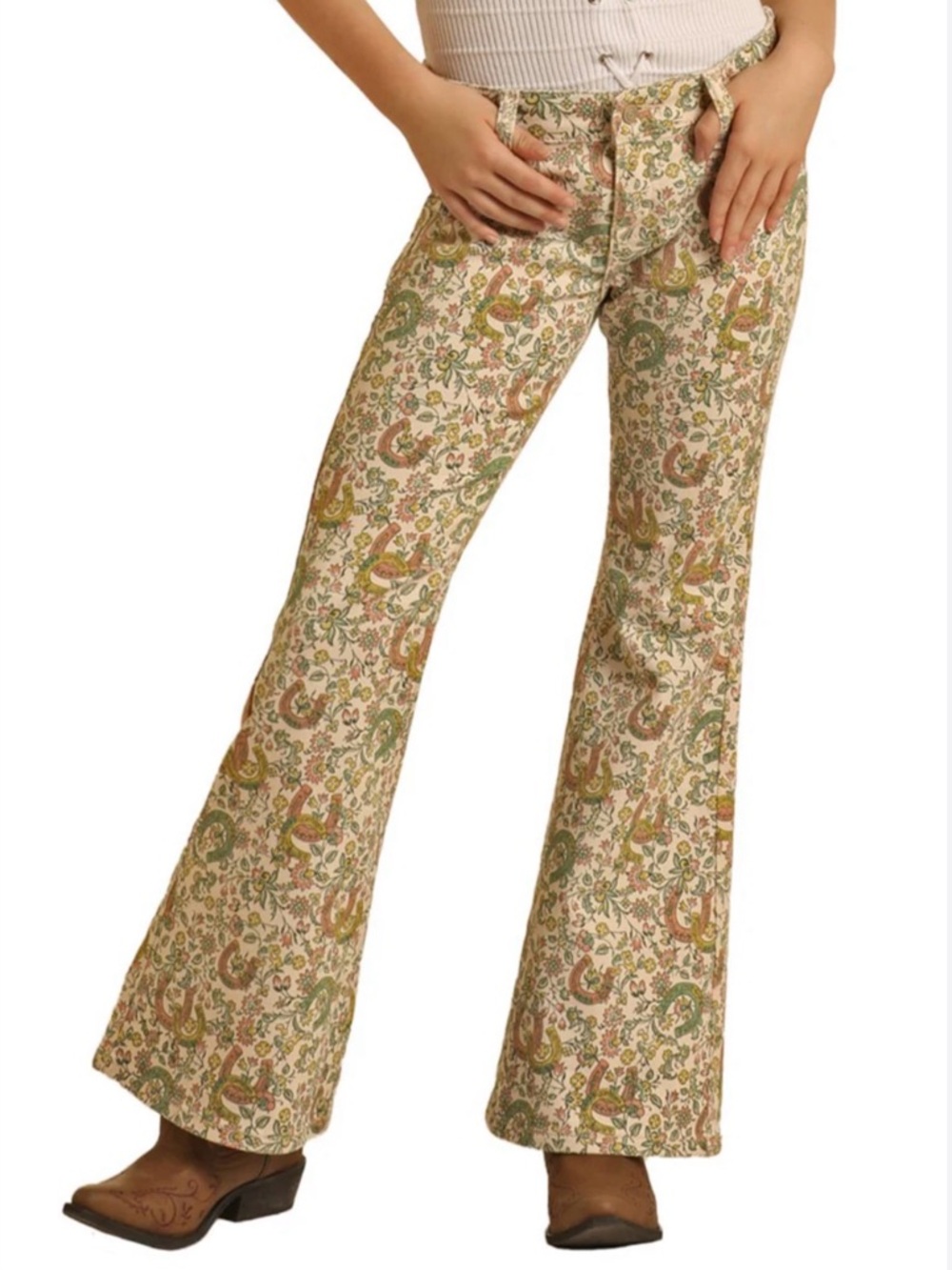 Girls Wrangler Floral Horseshoe Print Flare Jeans Size 10 Western Boho - Picture 3 of 13